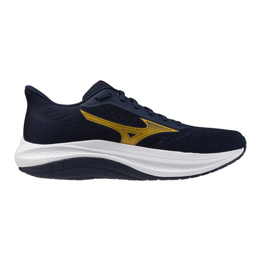 Scarpe da corsa per pronatori Mizuno Fortrush Dress Blues Gold. Sneakers da runner per allenamenti e maratone con supporto dell'arco plantare, suola stabilizzante in gomma, contrafforte sagomato e punta ampia.