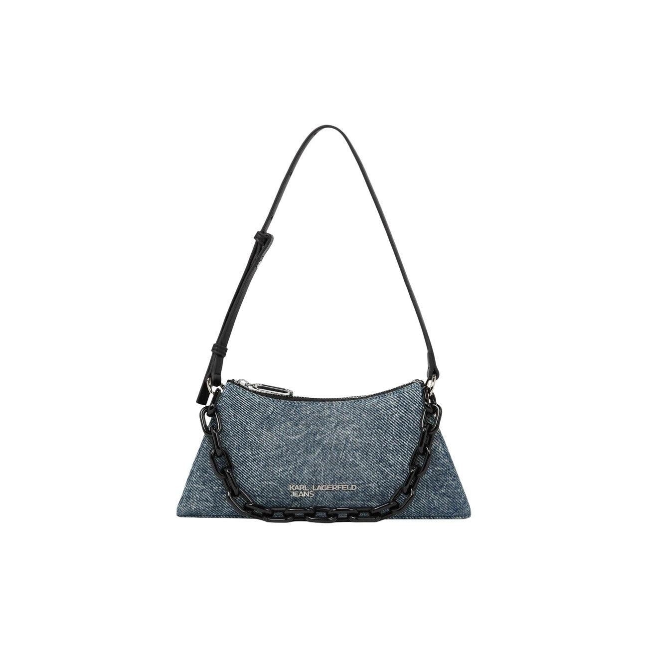 Borsa Denim Geometrica; 38% Cotone, 50% Poliestere. Dettagli catena, chiusura zip, logo K metallo. Borsa spalla donna effetto lavato, compatta e grintosa per la PE26. Vista frontale 
