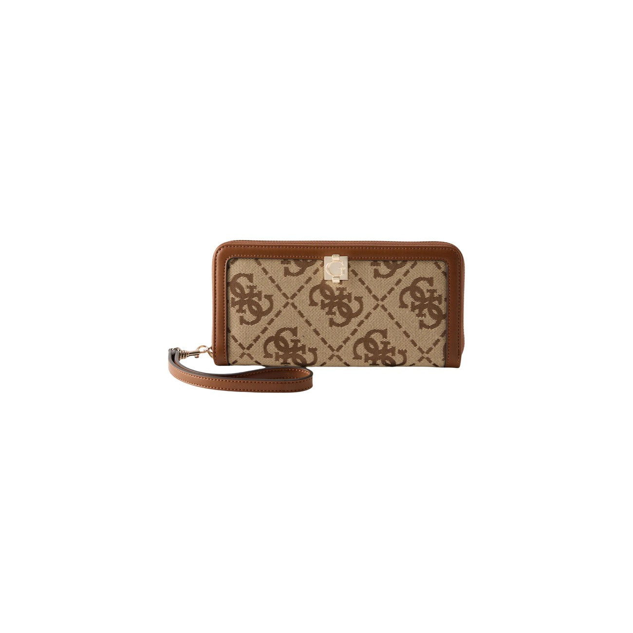 Portafoglio Grande Donna Beige Guess Audrey Logo; Modello zip-around con stampa monogram all-over e cinturino da polso removibile. Interno organizzato con scomparti carte e tasca monete, stile casual-luxury 4 stagioni. Frontale 