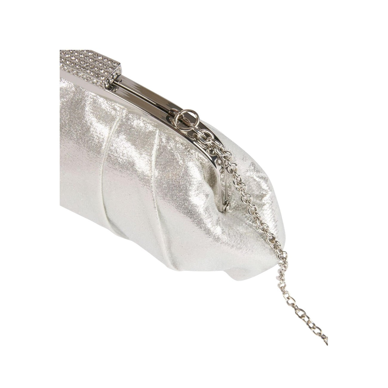 Pochette Morgan De Toi 261-2POLAR; effetto plissettato, chiusura gioiello metallica, tracolla a catena. Design sofisticato in poliestere, ideale per smartphone e make-up. Dettaglio catena e chiusura 