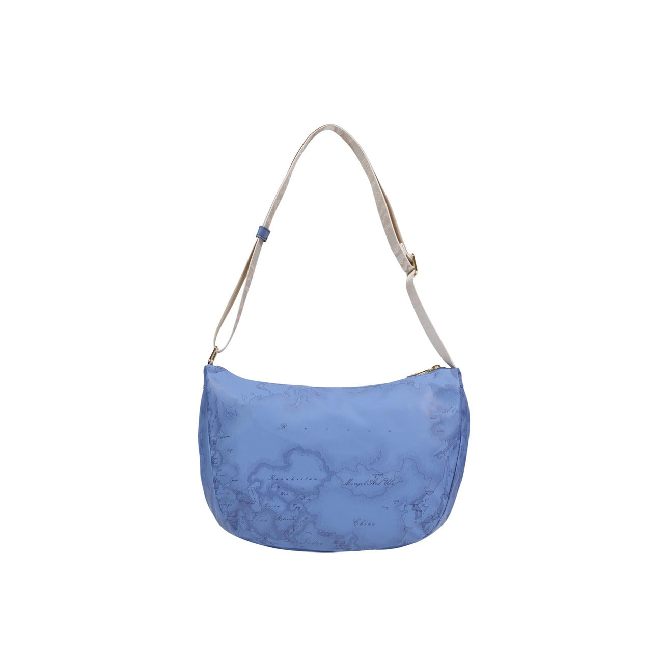 Borsa Media Alviero Martini; 58% Poliestere, 42% PU. Chiusura con zip, tracolla regolabile, logo metallico. Borsa donna leggera, sicura e iconica. Colore blu vista posteriore 