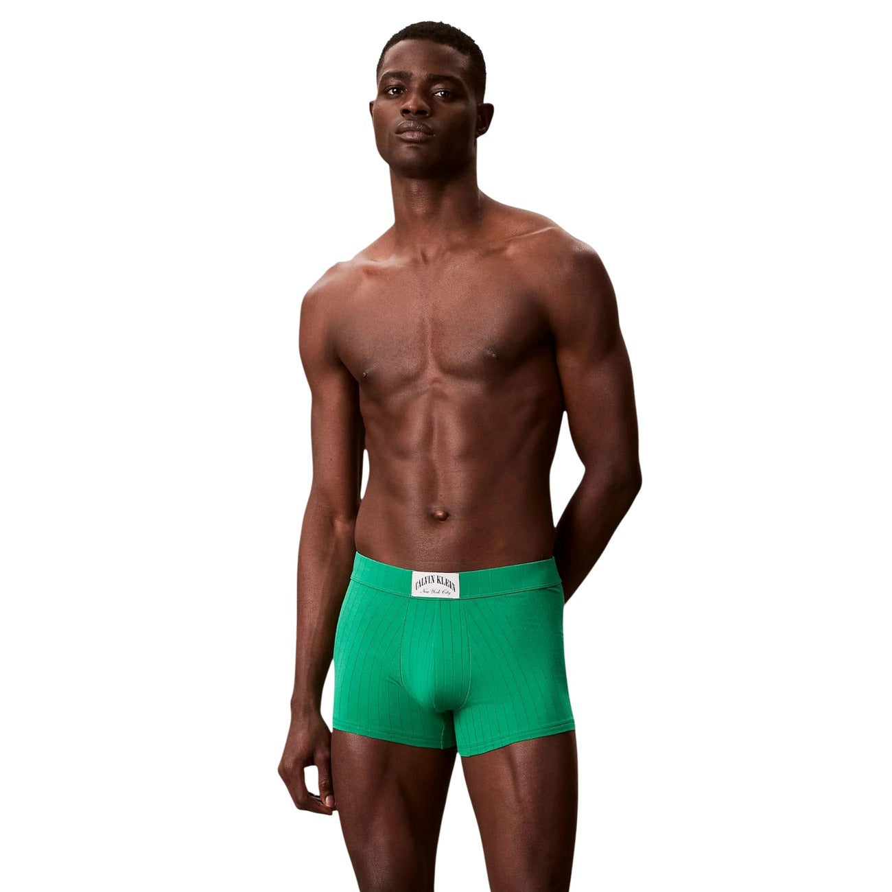 Boxer Uomo Verde Calvin Klein Trunk; Modello corto aderente in cotone e lycra elasticizzata. Tessuto a righe verticali tono su tono con etichetta logo New York City sulla vita elastica, stile casual-luxury 4 stagioni.