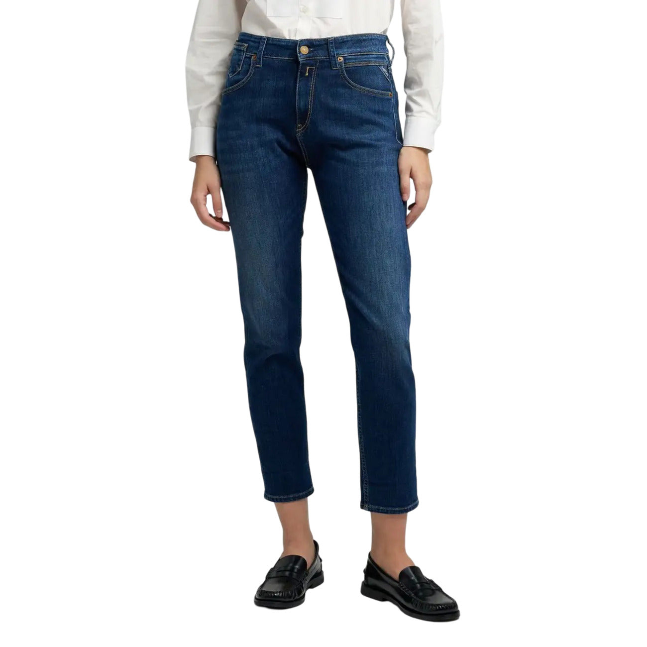 Replay Jeans Donna Blu con Zip e Bottone Tasche Anteriori e Posteriori - Jeans Cotone Elastan
