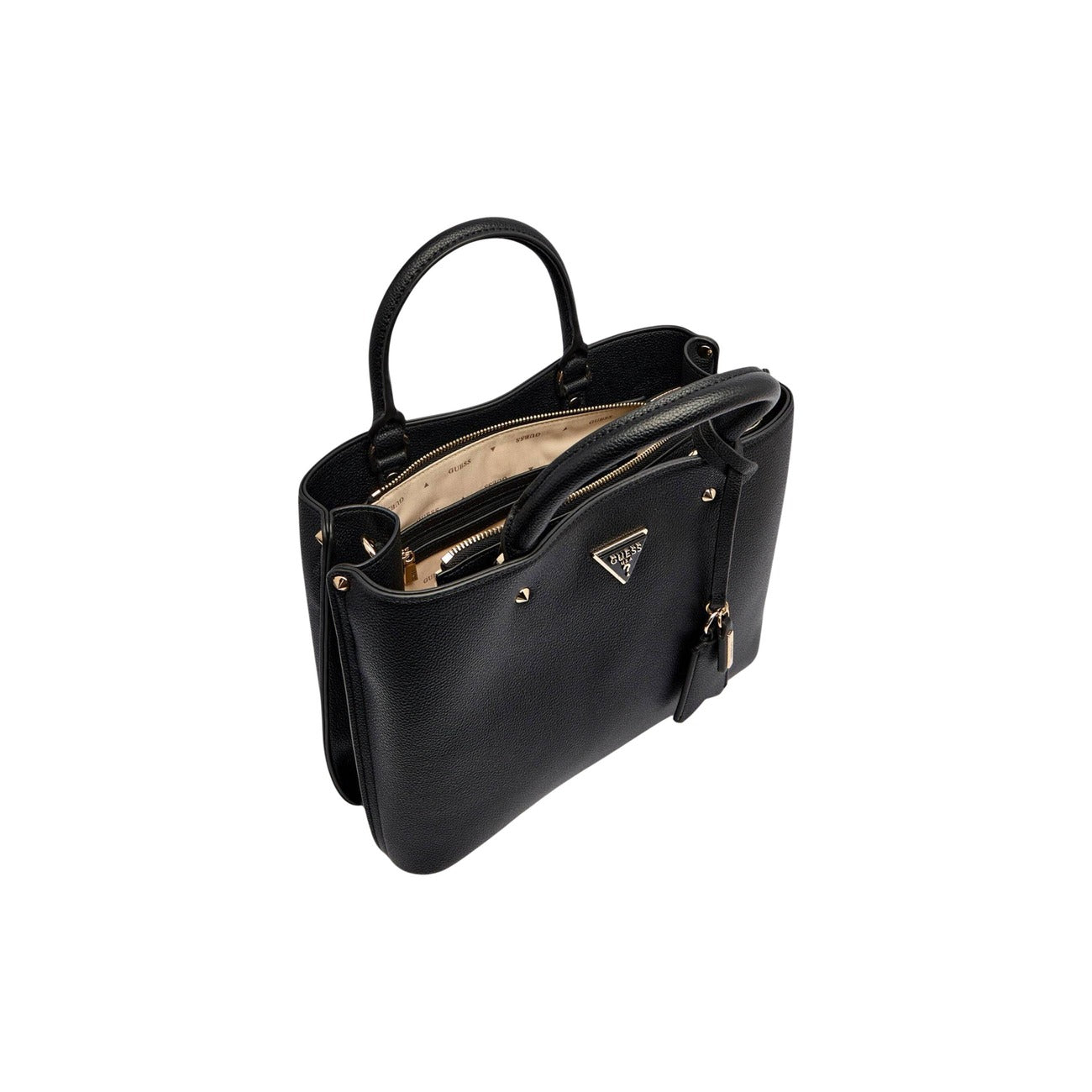 Borsa Guess Meridian II Satchel; 100% Poliuretano. Dettagli borchie, metalleria argento, triplo comparto interno. Doppia portabilità (manici e tracolla removibile). Misure 32x24x12 cm. Stile moderno e grintoso. Vista dall’alto 