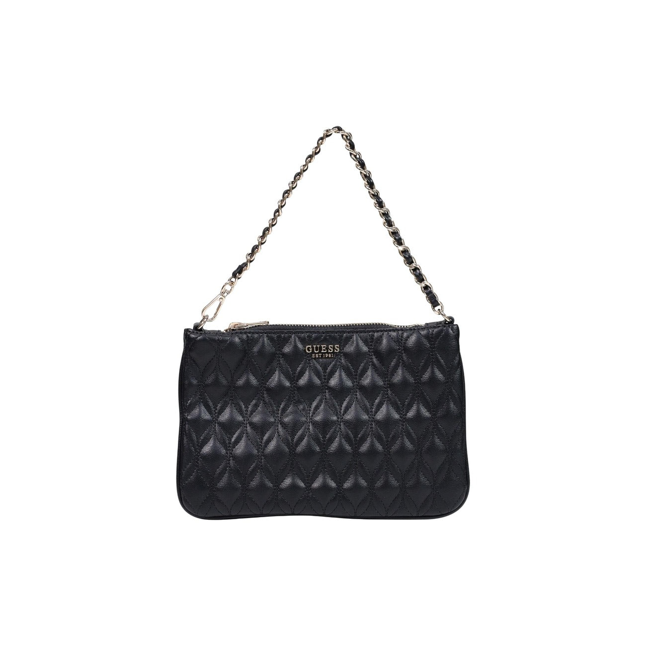 Pochette Guess nera trapuntata Maxine Quilted Flat PW7577 P6322. Borsa a mano e a spalla da donna nera matelassé in ecopelle con tracolla in metallo intrecciato, logo Guess e chiusura zip, borsa da sera elegante 4 stagioni.