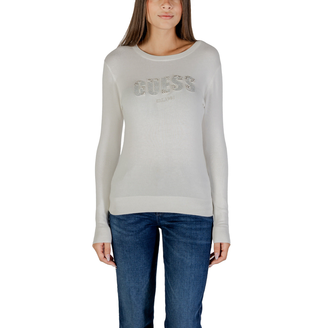 Guess Maglia Donna Blu con Stampa e Strass in 82% Viscosa 16% Poliammide 2% Elastan a Manica Lunga Scollo Tondo W5BR40 Z2NQ2