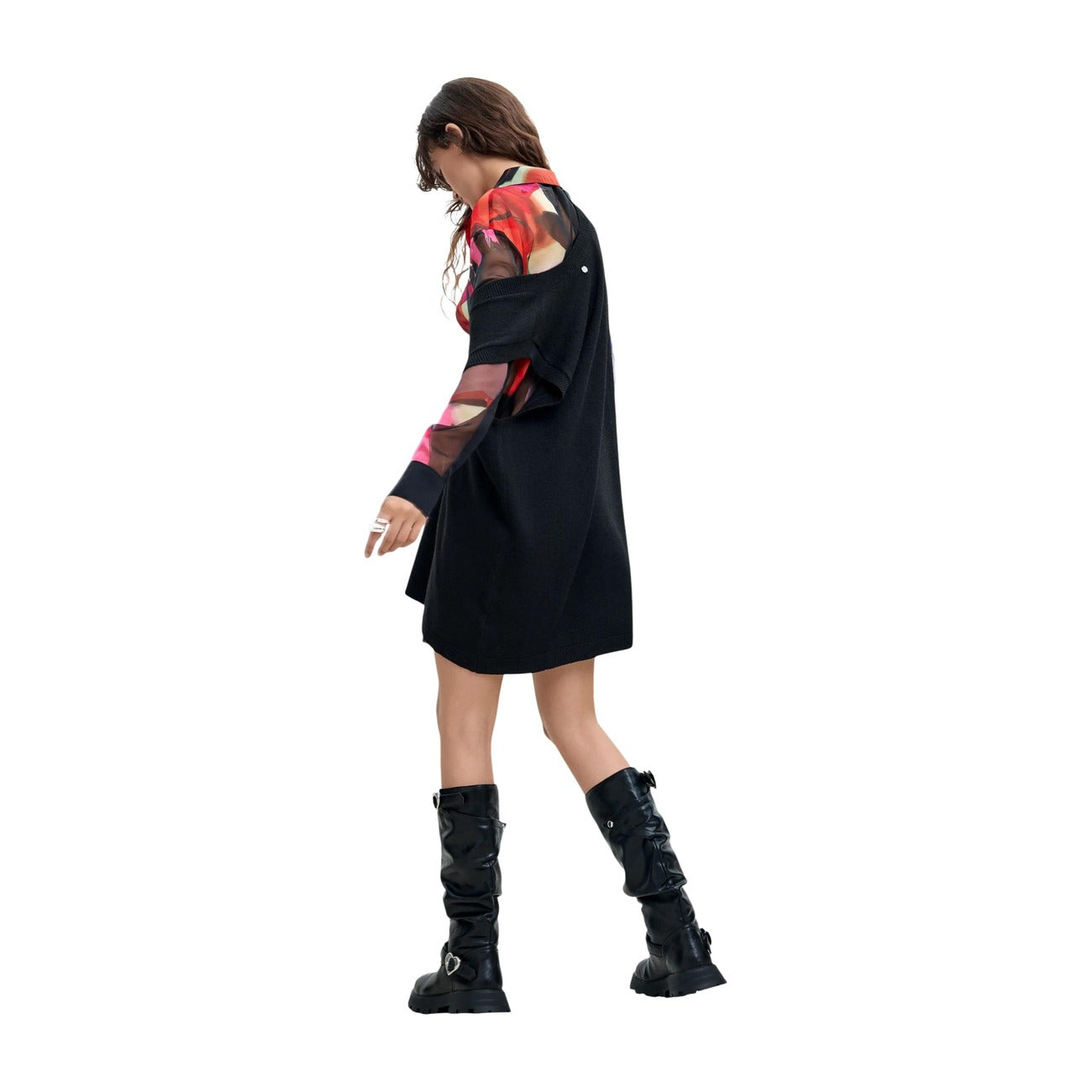 Abito Desigual Christian Lacroix donna nero VEST_MAMEN_LACROIX. Vestito chemisier bimateriale a maniche lunghe stampate e colletto camicia, realizzato in tessuto ecosostenibile riciclato, collezione autunno inverno.