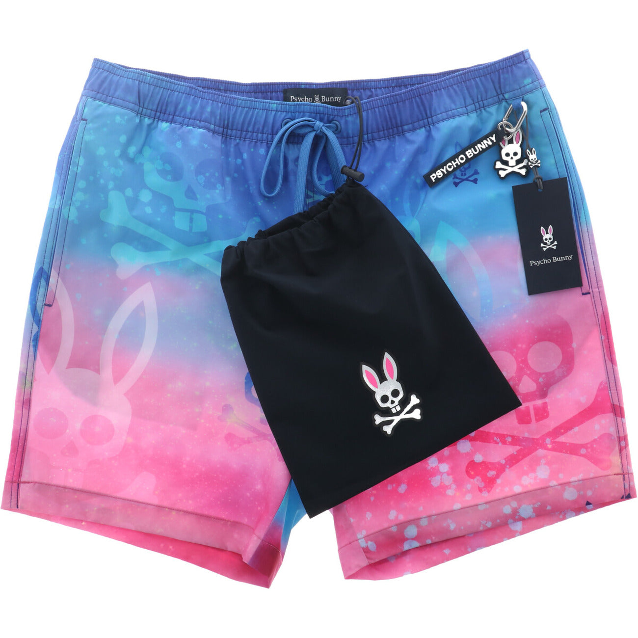 Boxer mare Psycho Bunny Rosa Cosmico; 100% poliestere ad asciugatura rapida. Grafica integrale colorata, fodera elasticizzata, vestibilità regular 6". Design iconico e traspirante. Vista stesa 