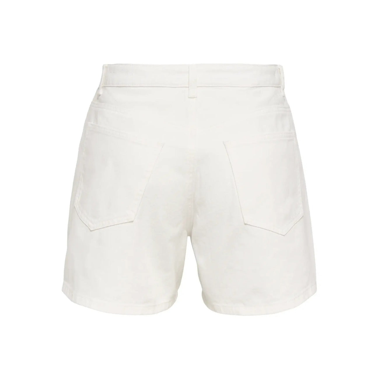 Bermuda Jeans Donna Only; Pantaloncino lungo a vita alta in puro cotone denim con orlo risvoltato e passanti per cintura. Modello cinque tasche, stile casual e sportivo per la primavera e l'estate. Bianco / white denim vista posteriore stesa 
