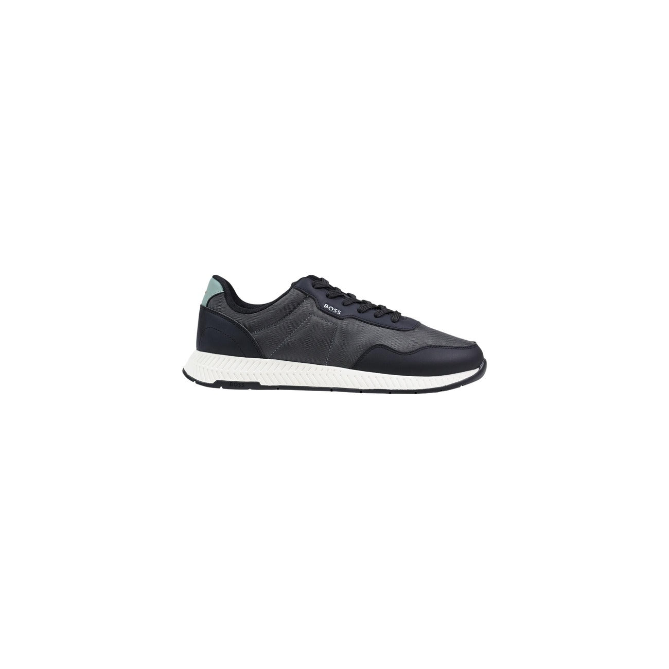 Sneakers Boss Titanium uomo grigie nero verde con tomaia mista tessuto lavorato liscio lacci suola gomma - vista laterale
