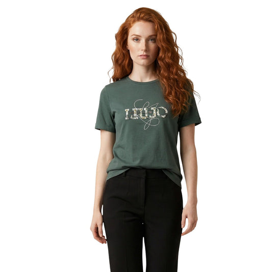 Liu Jo T-shirt TA6163; 95% cotone, 5% elastan, stampa artistica, scollo tondo. Il basic raffinato dal tocco creativo. Colore verde vista frontale 