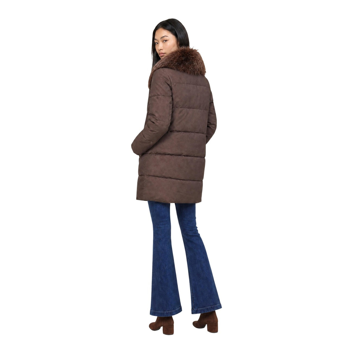 Piumino lungo donna Choral marrone – Cappotto trapuntato con cappuccio pelliccia SLI6GC026281D.