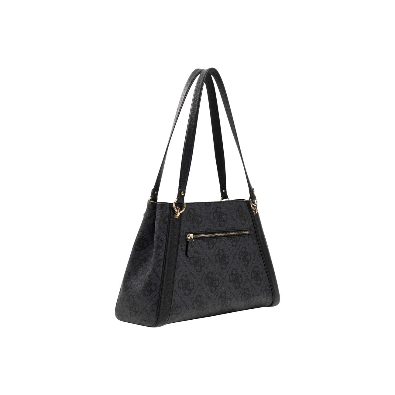 Guess Karnilla Carryall Bag; borsa nera a spalla grande con stampa logo 4G, dettagli metallici dorati e interno extra-space. L'accessorio perfetto per la donna dinamica e moderna. Vista posteriore