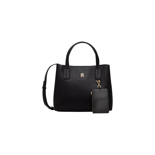 Borsa Satchel Donna Tommy Hilfiger; Nero. Finitura granata, chiusura con zip, doppi manici, tracolla regolabile e mini pochette esterna rimovibile. Dettagli in metallo oro lucido, misure capienti (32x28 cm), stile strutturato. Vista frontale 