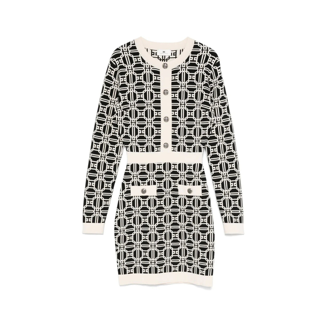 Abito corto Elisabetta Franchi con logo jacquard - vista frontale dettaglio stampa
