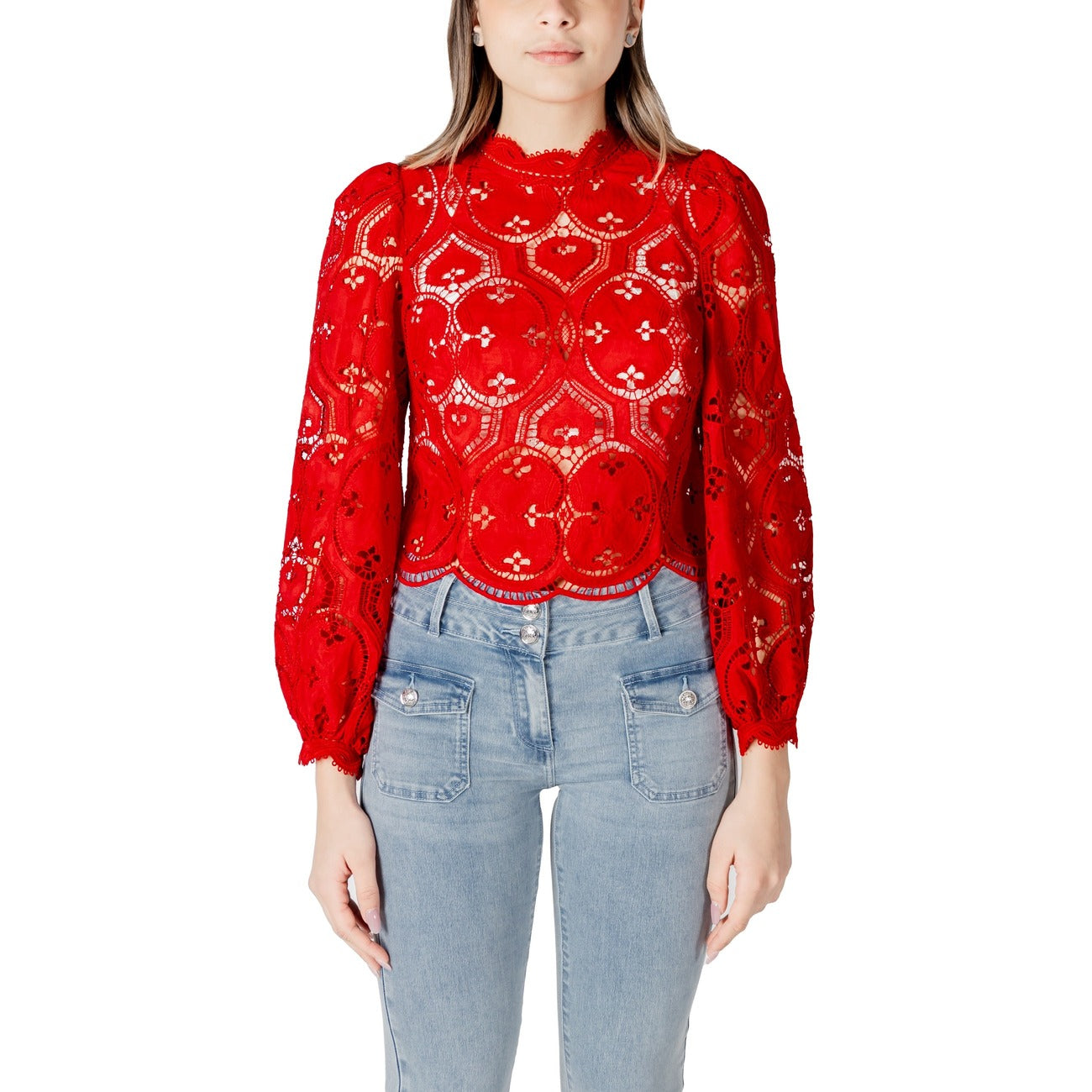 Morgan De Toi Blouse OMBRE; maglia rossa a maniche lunghe con collo alto e zip. Stile contemporaneo, colore intenso e massima praticità di lavaggio in lavatrice. Vista frontale 