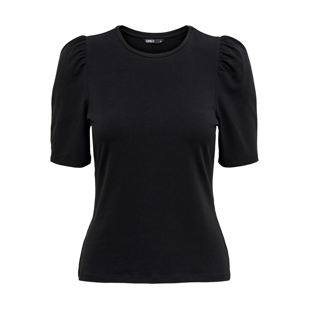 T-shirt Donna Only Pufftop; Nero. 95% Cotone, 5% Elastam. Maniche a palloncino, girocollo, tessuto stretch. Stile casual-chic adatto a tutte le stagioni. Vista frontale stesa 
