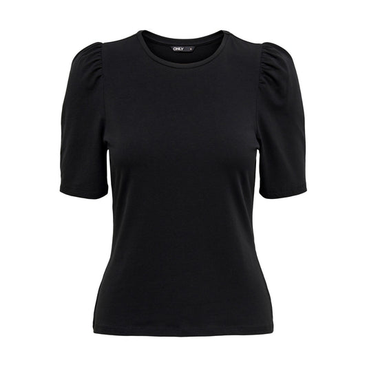T-shirt Donna Only Pufftop; Nero. 95% Cotone, 5% Elastam. Maniche a palloncino, girocollo, tessuto stretch. Stile casual-chic adatto a tutte le stagioni. Vista frontale stesa 
