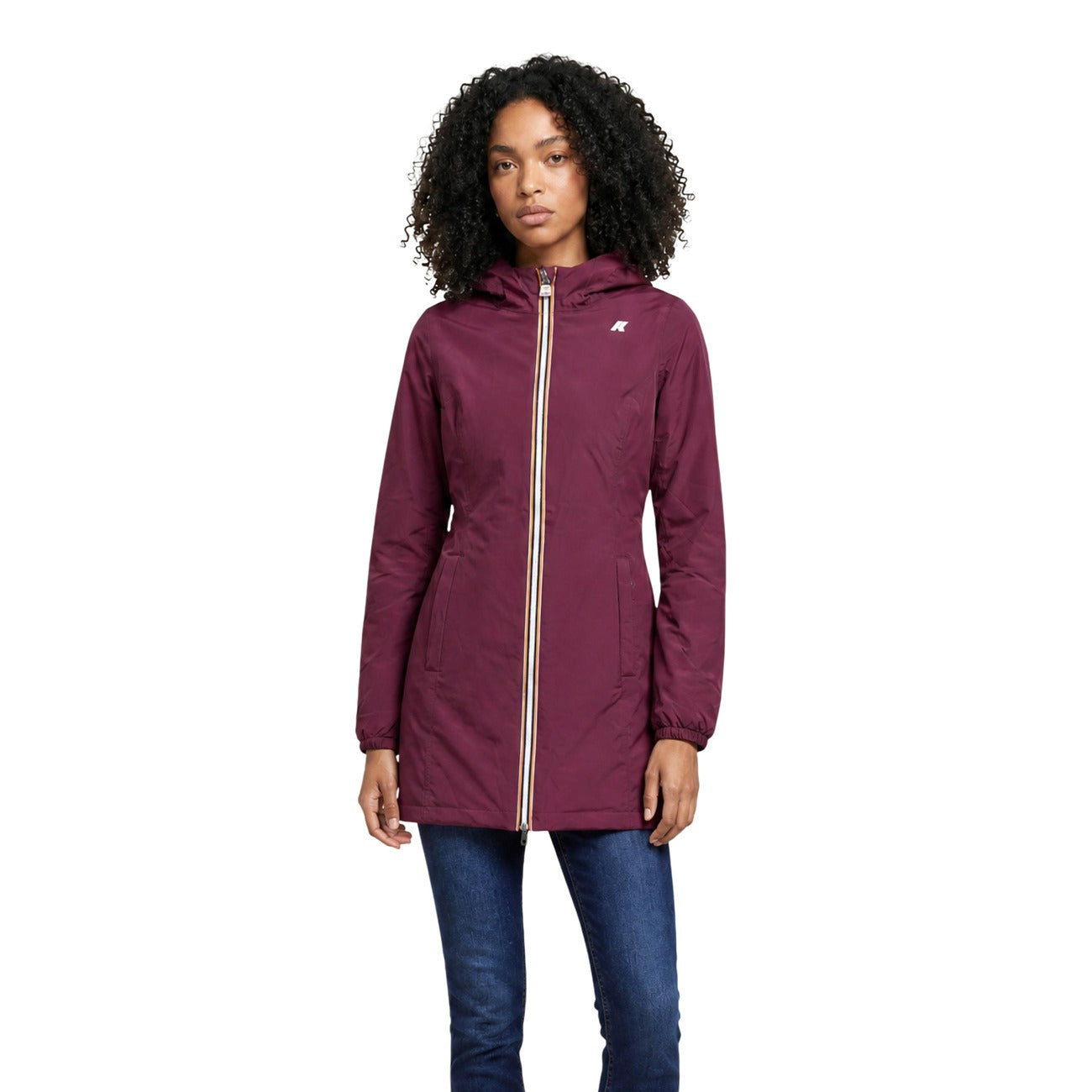 Parka K-Way donna reversibile Denise K6128UW. Giacca a tre quarti impermeabile con cappuccio regolabile, tessuto elasticizzato traspirante, imbottitura mezza stagione, tasche con zip e logo in silicone bianco. Viola blu