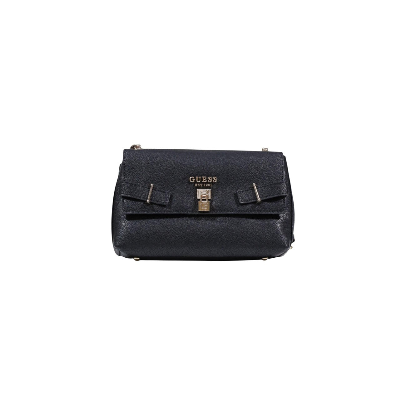 Borsa Guess Yesba Convertible Xbody; 100% Poliuretano. Chiusura con patta e fibbia, dettagli metallici, tracolla removibile. Borsa media elegante, versatile e sicura. Colore nero. Vista frontale 