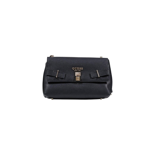 Borsa Guess Yesba Convertible Xbody; 100% Poliuretano. Chiusura con patta e fibbia, dettagli metallici, tracolla removibile. Borsa media elegante, versatile e sicura. Colore nero. Vista frontale 