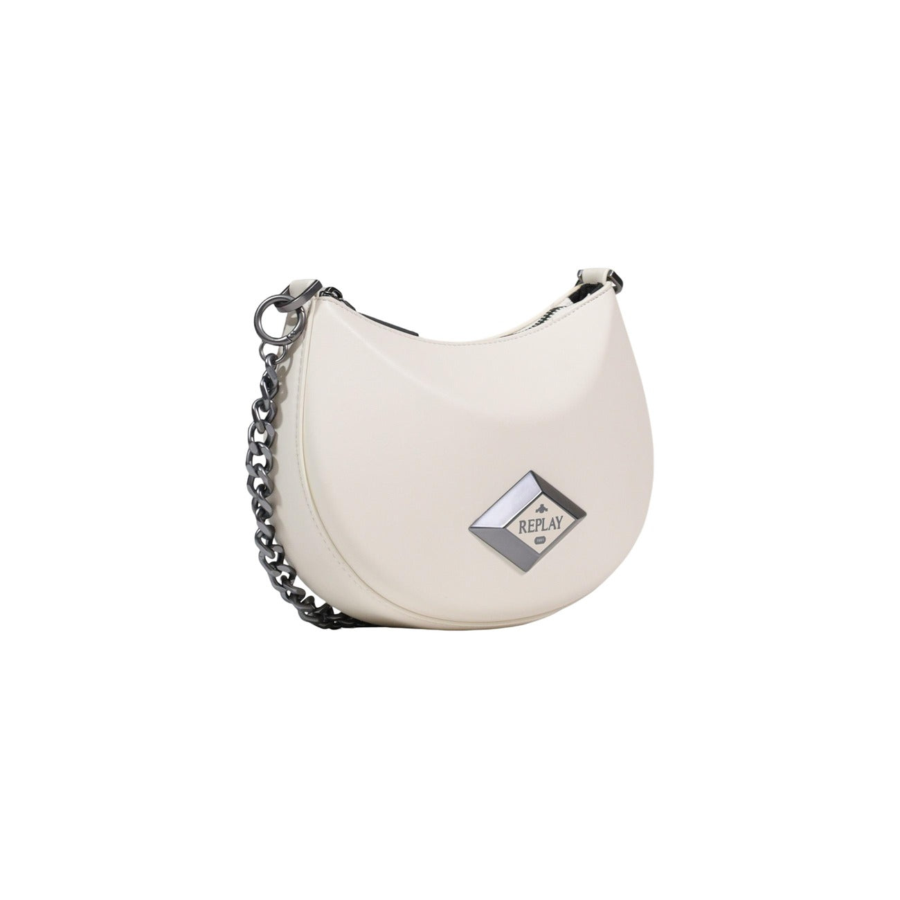 Mini Bag Replay Bianca; Forma a mezzaluna. Manico a catena, chiusura con zip, logo metallico. Dimensioni mini 15x6x5 cm. Borsa a spalla leggera e moderna, ideale per la mezza stagione. Vista laterale 