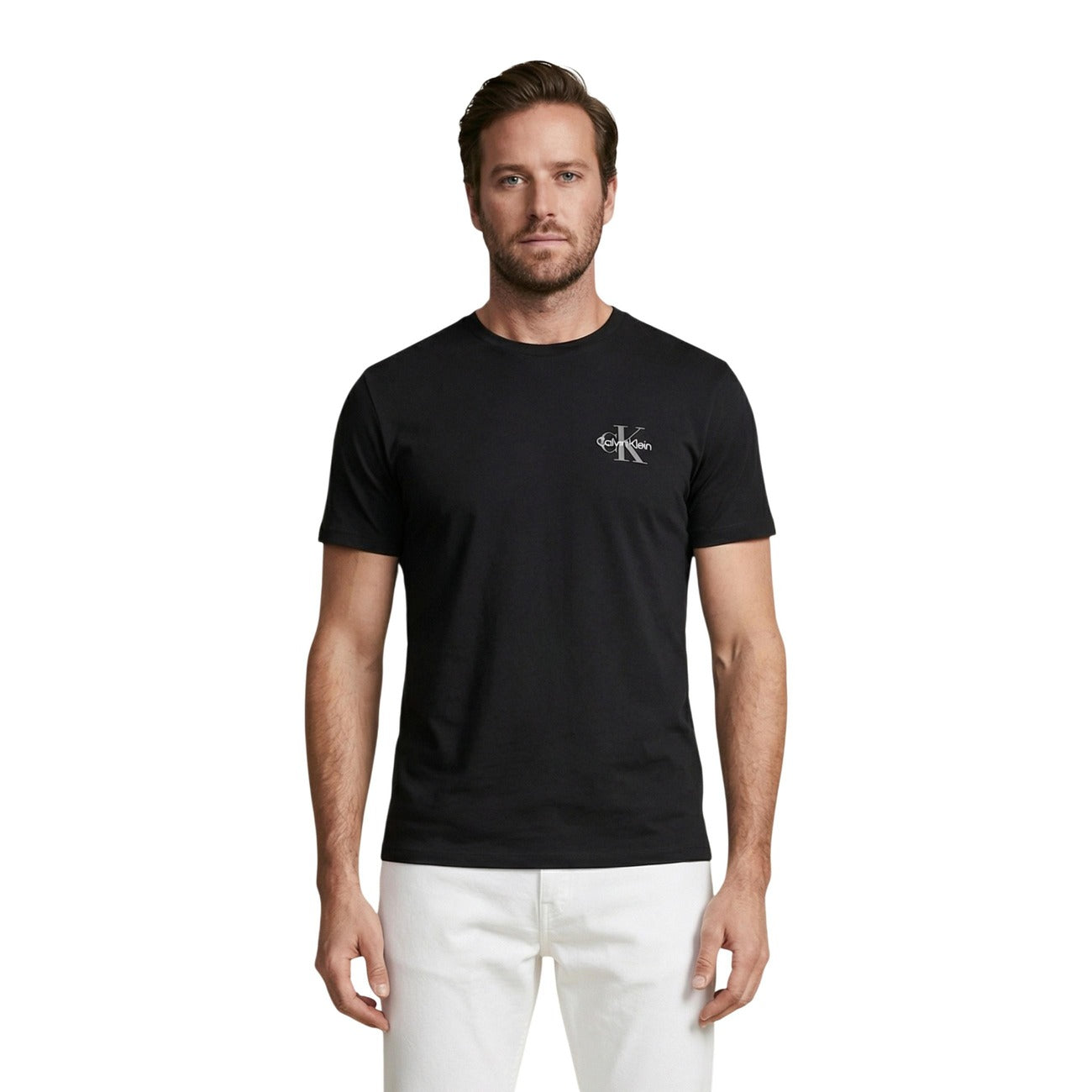 T-shirt uomo Calvin Klein Jeans nera in cotone a maniche corte con logo applicato e scollo tondo
