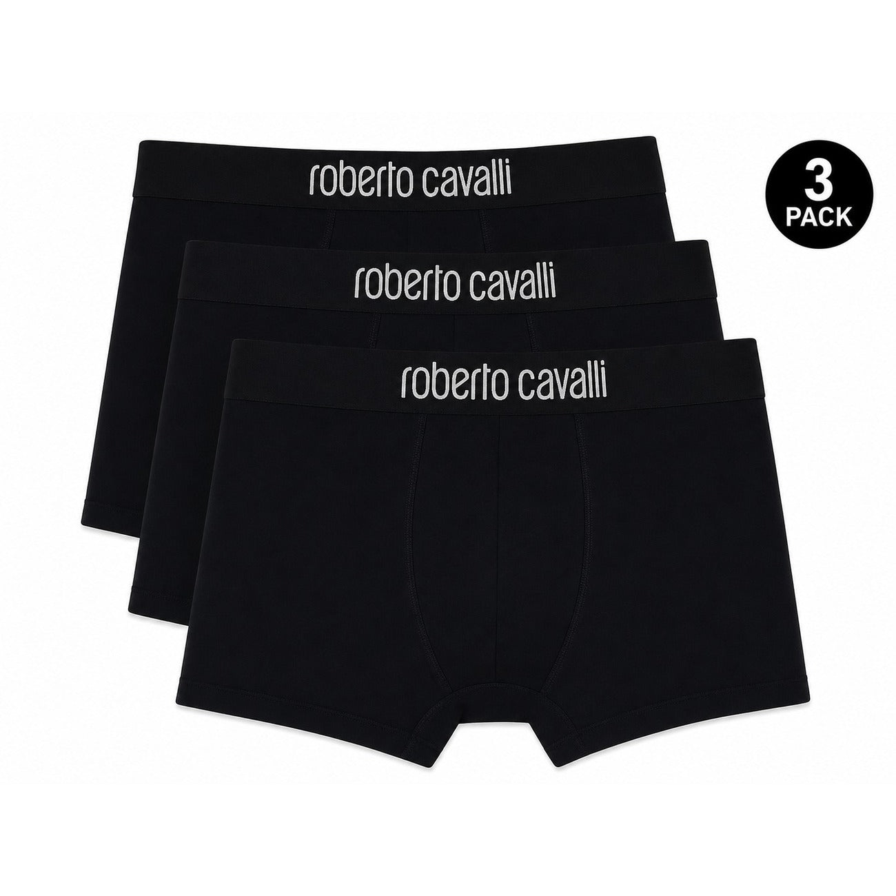 Set 3 Boxer Uomo Nero Roberto Cavalli Underwear; Tessuto 95% cotone e 5% elastan con banda elastica e scritte logo in vita. Taglio aderente comfort 4 stagioni. Vista frontale 