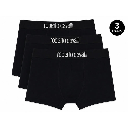 Set 3 Boxer Uomo Nero Roberto Cavalli Underwear; Tessuto 95% cotone e 5% elastan con banda elastica e scritte logo in vita. Taglio aderente comfort 4 stagioni. Vista frontale 