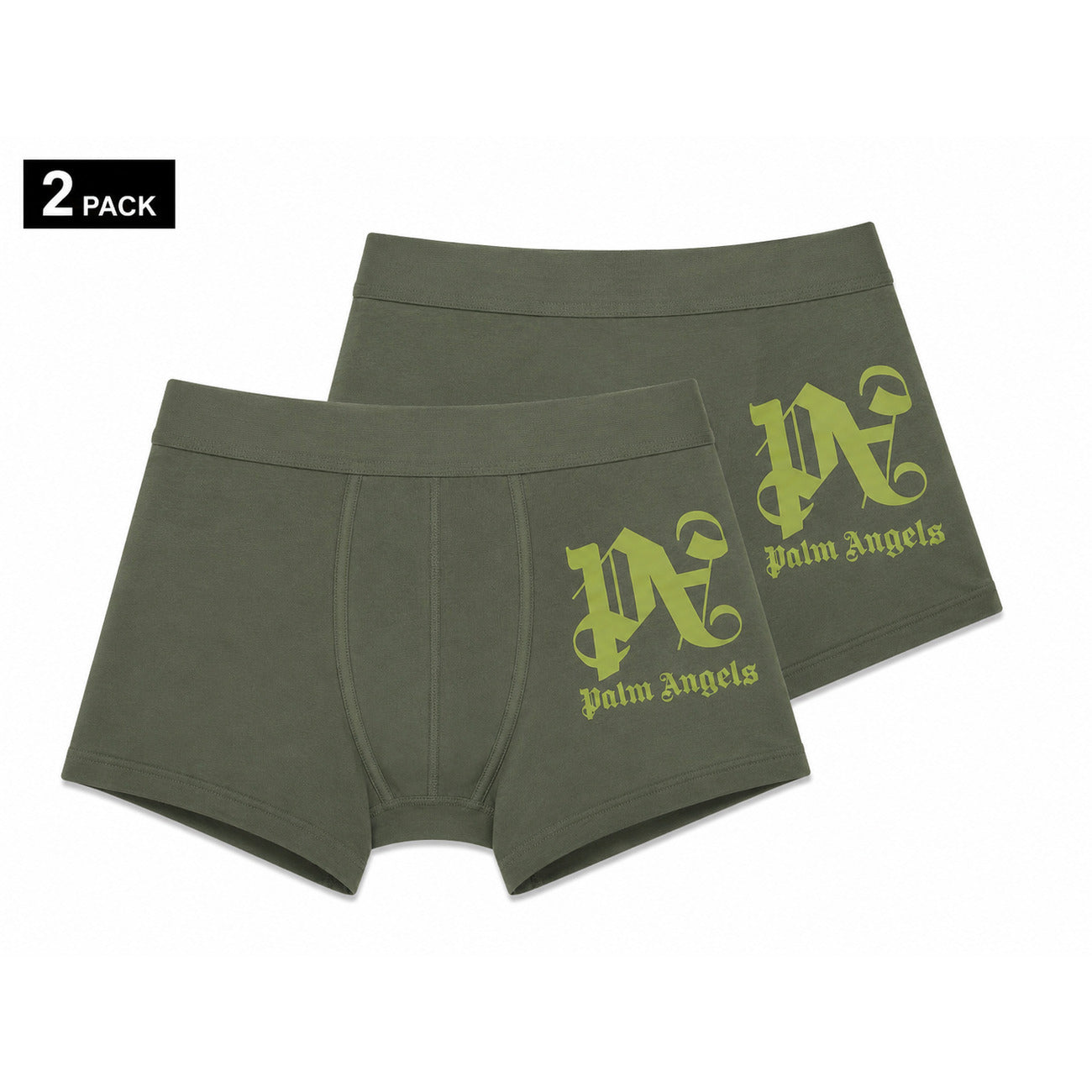 Set 2 Boxer Palm Angels; Stampa su gamba. Elastico tono su tono, cotone stretch premium, vestibilità aderente. Il dettaglio streetwear definitivo per il tuo guardaroba intimo. Verde
