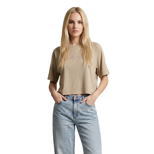 T-shirt Replay Beige Cropped; 100% Cotone. Vestibilità oversize, maniche raglan, logo ricamato. Modello corto ideale per la mezza stagione e l'estate. Stile casual e moderno. Vista frontale 