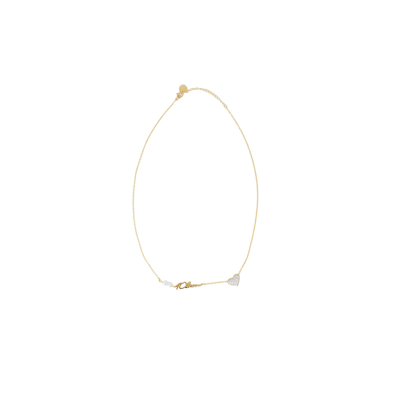 Collana Alviero Martini Prima Classe; Acciaio Dorato. Pendenti cuore con cristalli, perle e scritta Love. Dimensioni 30x1 cm, bicolore, anallergica e resistente. Accessorio chic per ogni occasione.