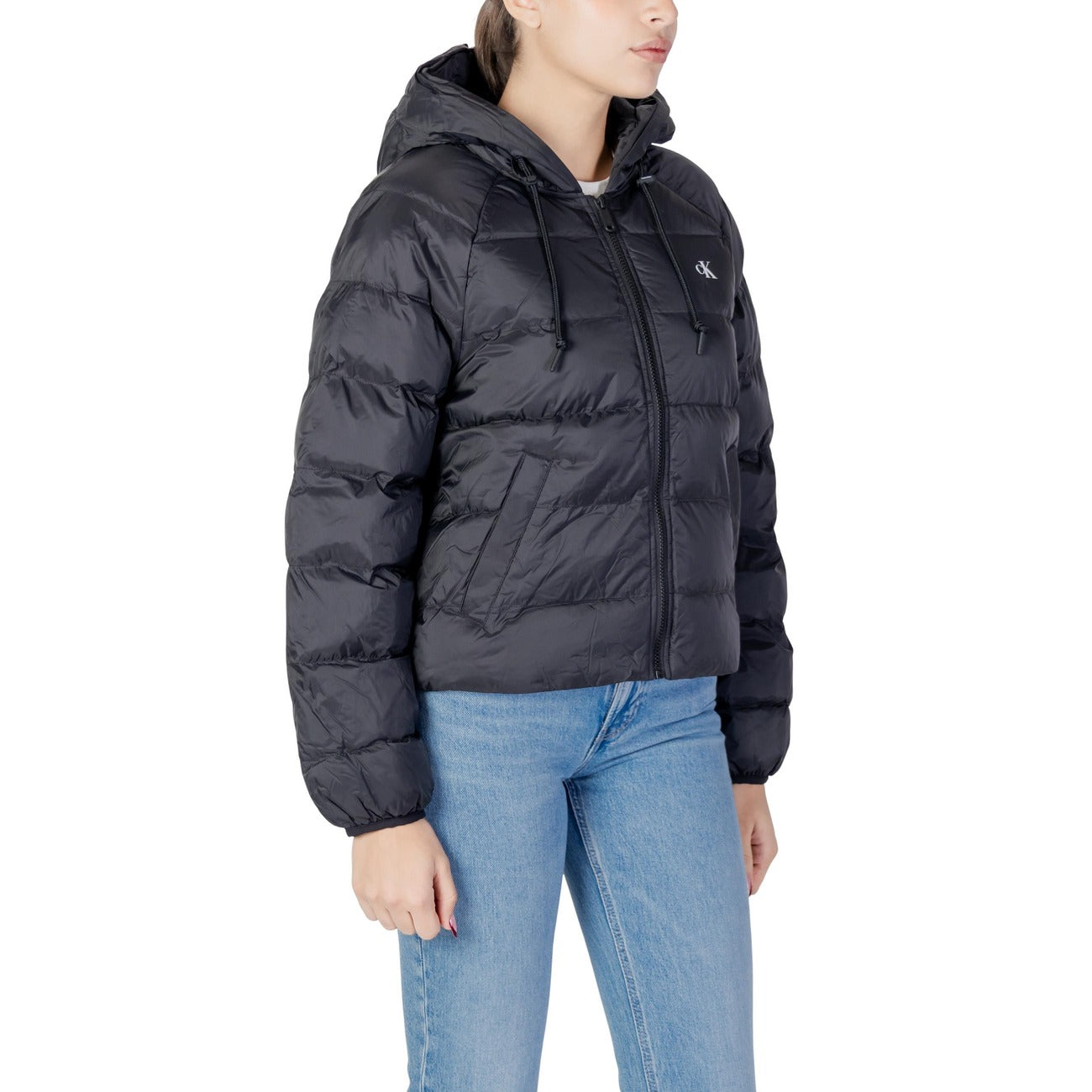 Giubbotto donna Calvin Klein Jeans LIGHTWEIGHT LOGO PUFFER nero invernale in poliestere autunno inverno - vista frontale laterale 