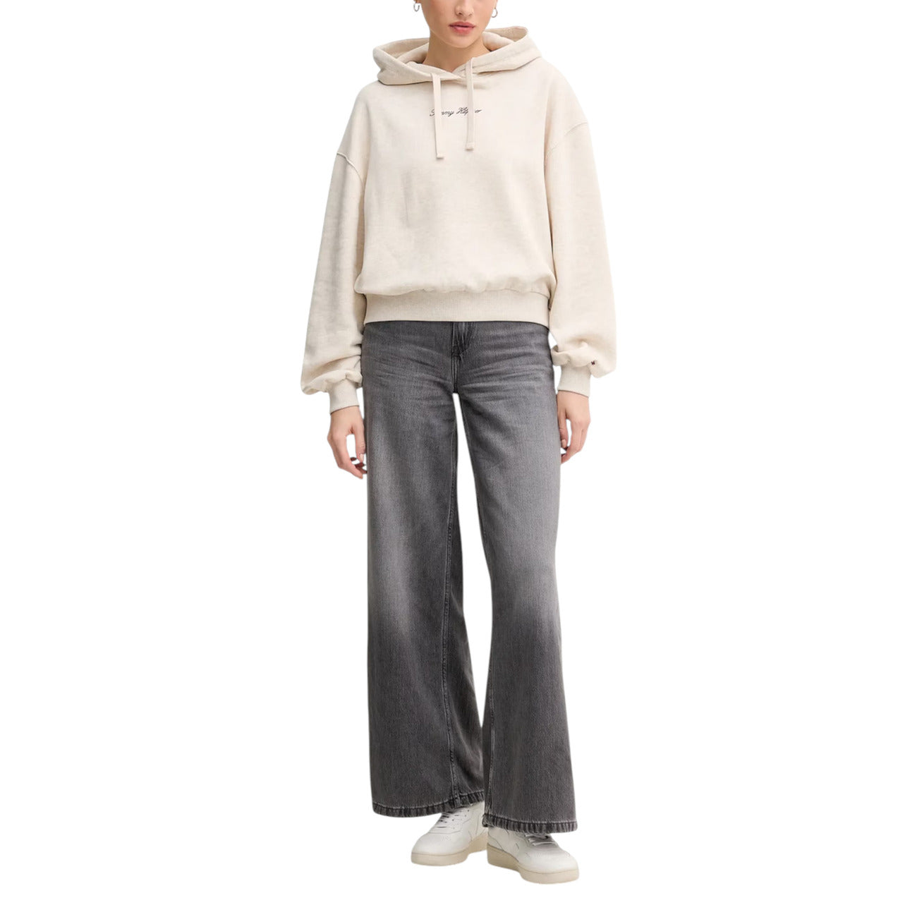 Tommy Hilfiger Felpa Donna Beige con Cappuccio - Felpa Cotone Organico Maniche Lunghe