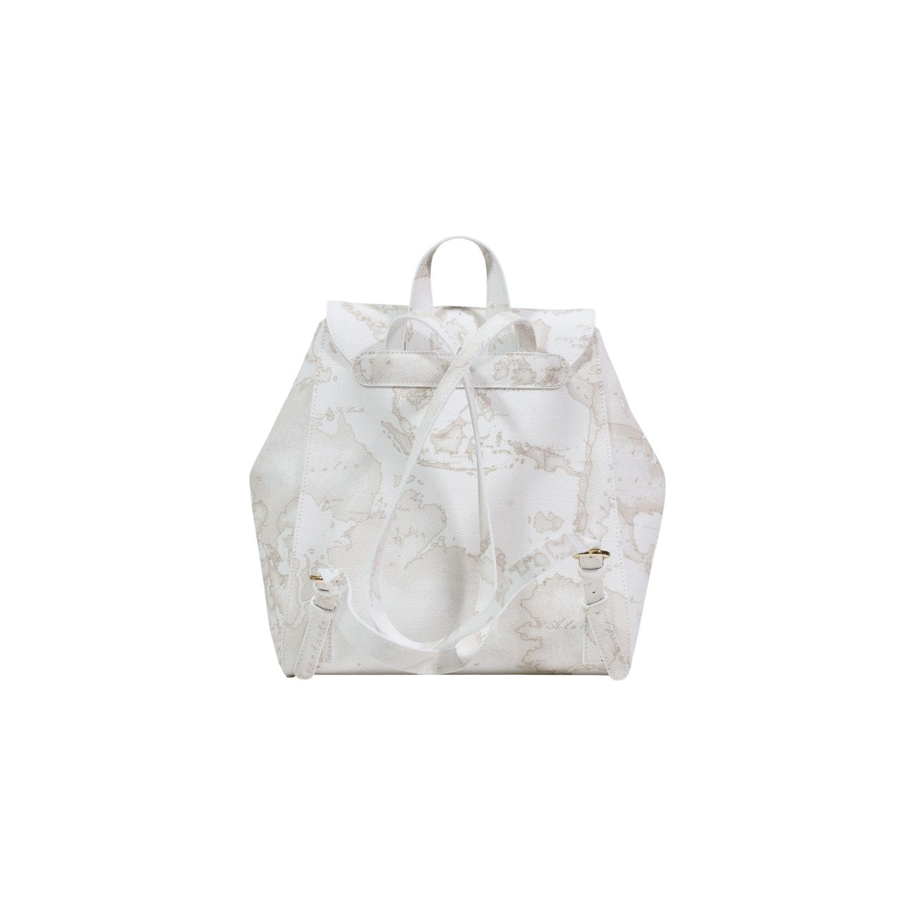 Zaino Alviero Martini 1ᴬ Classe; Mix Geo White/Classic. Chiusura con patta e magnete, metalleria dorata, spallacci regolabili. Interno organizzato con tre tasche e portatessere. Stile casual-chic Primavera/Estate. Vista posteriore 