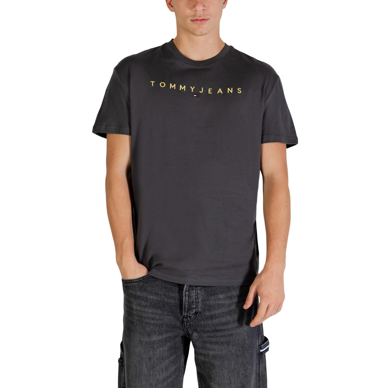 T-shirt Tommy Jeans Linear Logo; 100% Cotone Rigenerato. Regular fit, girocollo, stampa frontale. Maglia uomo eco-friendly, fresca e resistente per outfit quotidiani. Colore grigio scuro vista frontale 