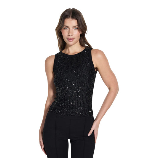 Canotta Guess con Paillettes; Nero. 100% Cotone, design senza maniche, stile da cerimonia contemporaneo. Luminosa, traspirante e versatile per tutte le stagioni. Frontale 