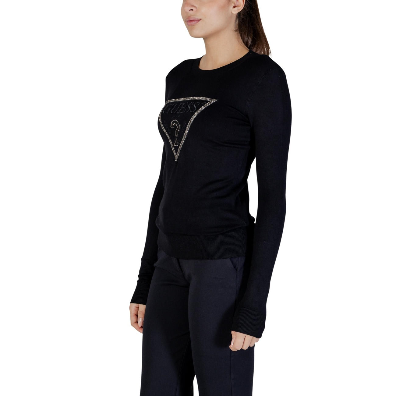 Maglia manica lunga con logo triangolare Guess impreziosito da applicazioni luminose sul davanti