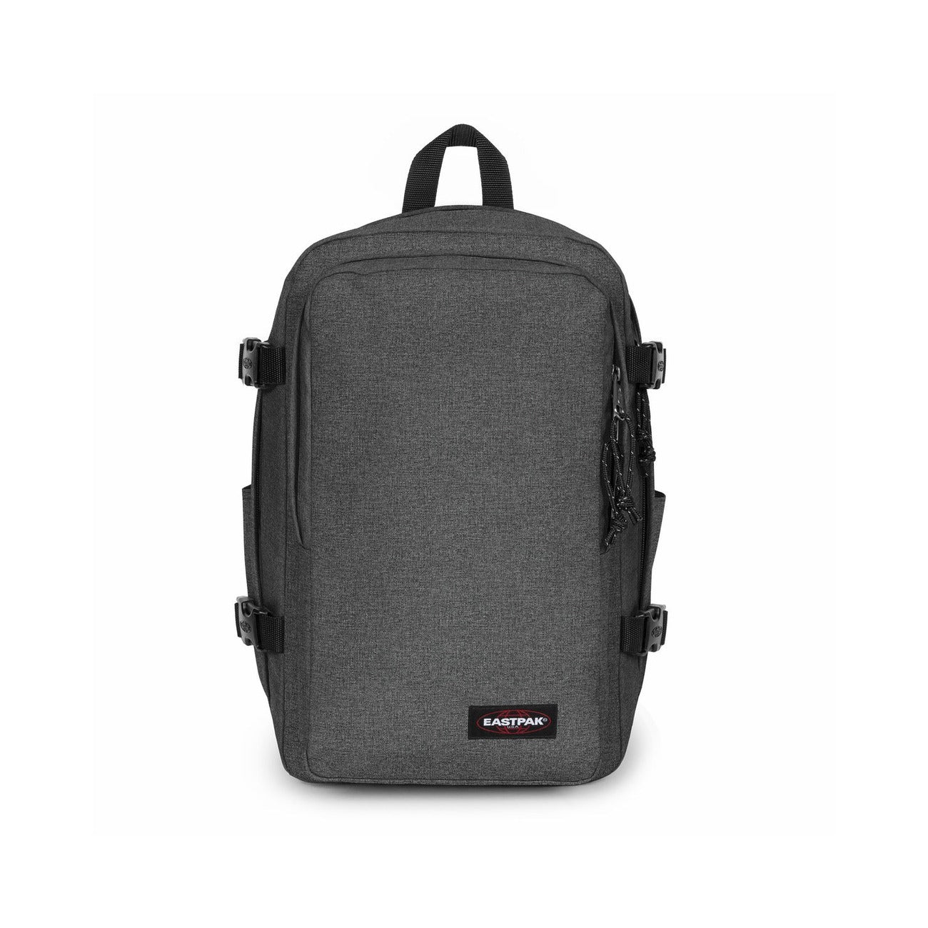 Zaino Medio black denim Eastpak Bagaglio a Mano; 40x25x20 cm. Poliestere idrorepellente, tasca laptop 15" e portaborraccia. Organizer, fascia trolley e dettagli catarifrangenti