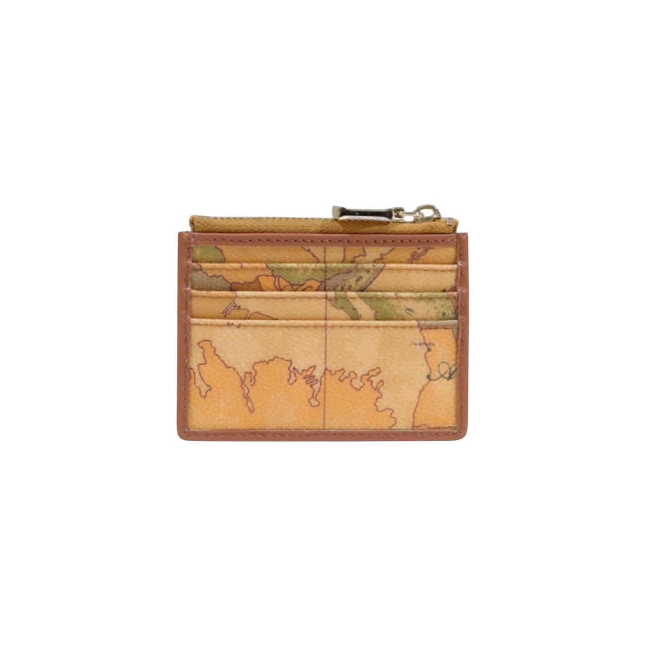 Portacarte Alviero Martini Prima Classe donna Geo Classic C W373 6000. Mini portafoglio slim beige con mappa geografica, fessure per carte di credito e tasca con zip per monete, accessorio da borsa elegante e compatto 4 stagioni.
