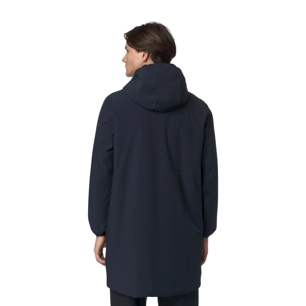 Giambotto impermeabile uomo K-Way Jacob K6128WW reversibile. Capospalla 3/4 da uomo con lato esterno blu impermeabile e lato interno beige antivento, imbottitura leggera in ovatta, cappuccio e cuciture termonastrate, abbigliamento autunno inverno.