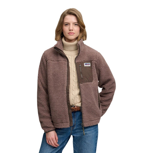 Felpa pile teddy donna Superdry Heritage Fleece SDW2012736A marrone e bianco. Giacca in pile morbido 100% poliestere con zip frontale, collo alto, tasche funzionali ed etichetta logo sul petto.
