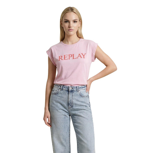 T-shirt Replay Rosa; 100% Cotone. Vestibilità slim, maniche corte, girocollo. Logo stampato, tessuto leggero ideale per la stagione calda. Stile urban-casual. Vista frontale 