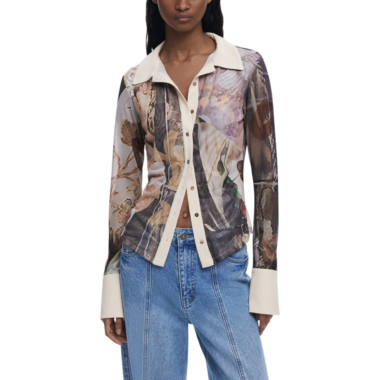 Desigual Camicia Donna Beige Floreale Manica Lunga Bottoni Colletto Classico - Camicia Poliestere Elastan