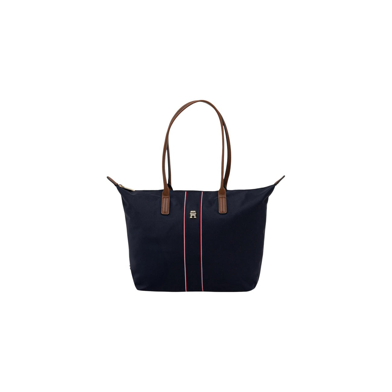 Borsa Tommy Hilfiger Nylon Tote; Chiusura con zip, tracolla rimovibile, nastro iconico TH. Capienza 7 litri, materiale leggero e resistente. Design moderno con manici a contrasto. Vista frontale 