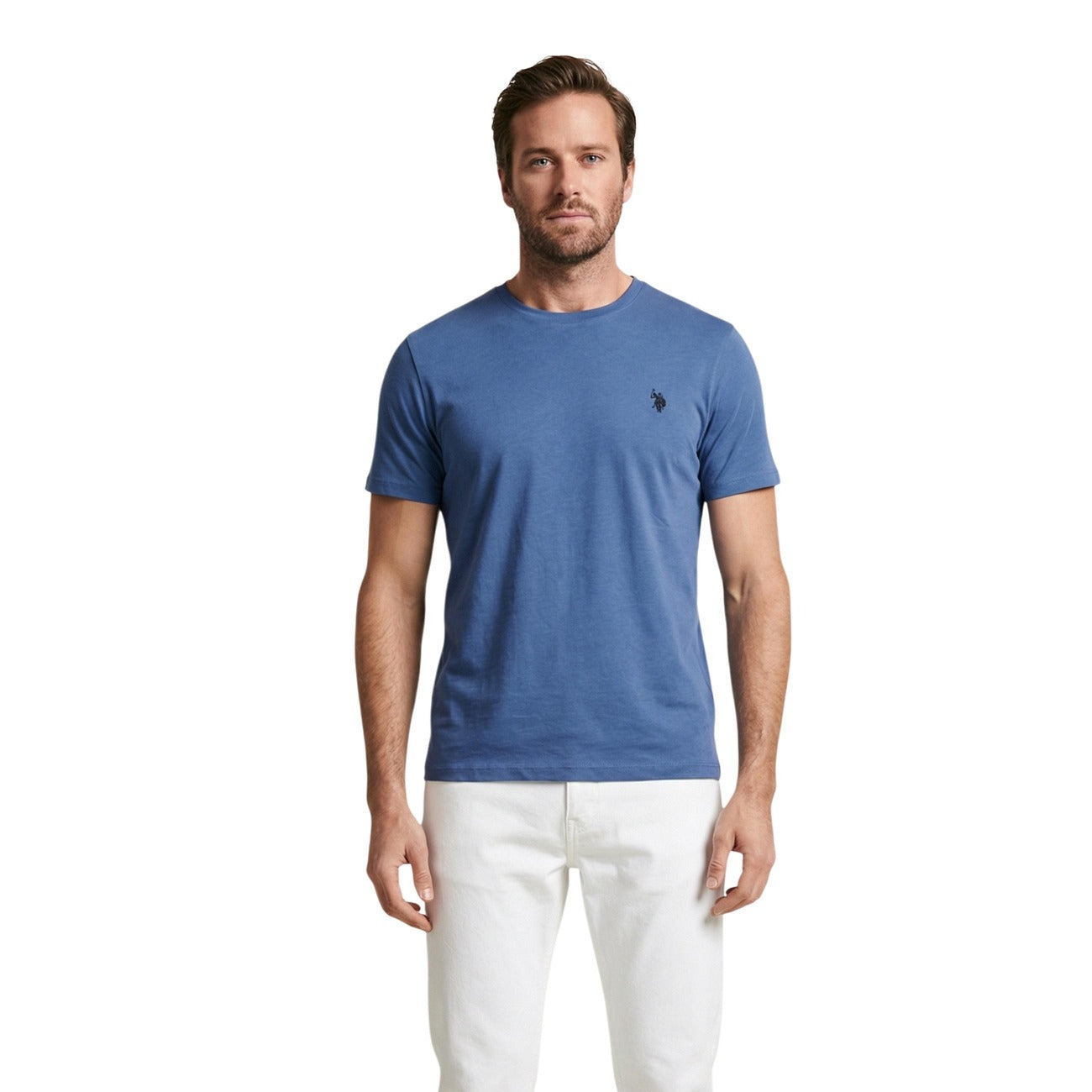 T-shirt uomo U.S. Polo Assn. modello MICK-BASIC blu azzurra in cotone a maniche corte con logo ricamato e scollo tondo
