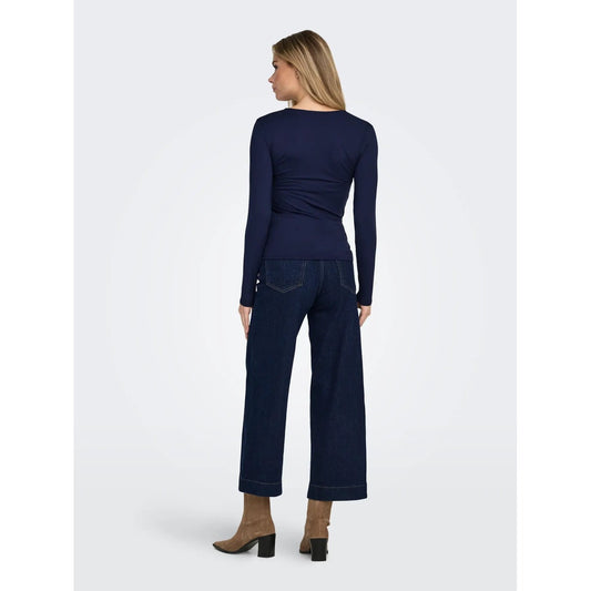 Top scollo V profondo nodo donna Only 15379511. Maglia elegante a maniche lunghe blu e marrone per outfit autunno inverno.