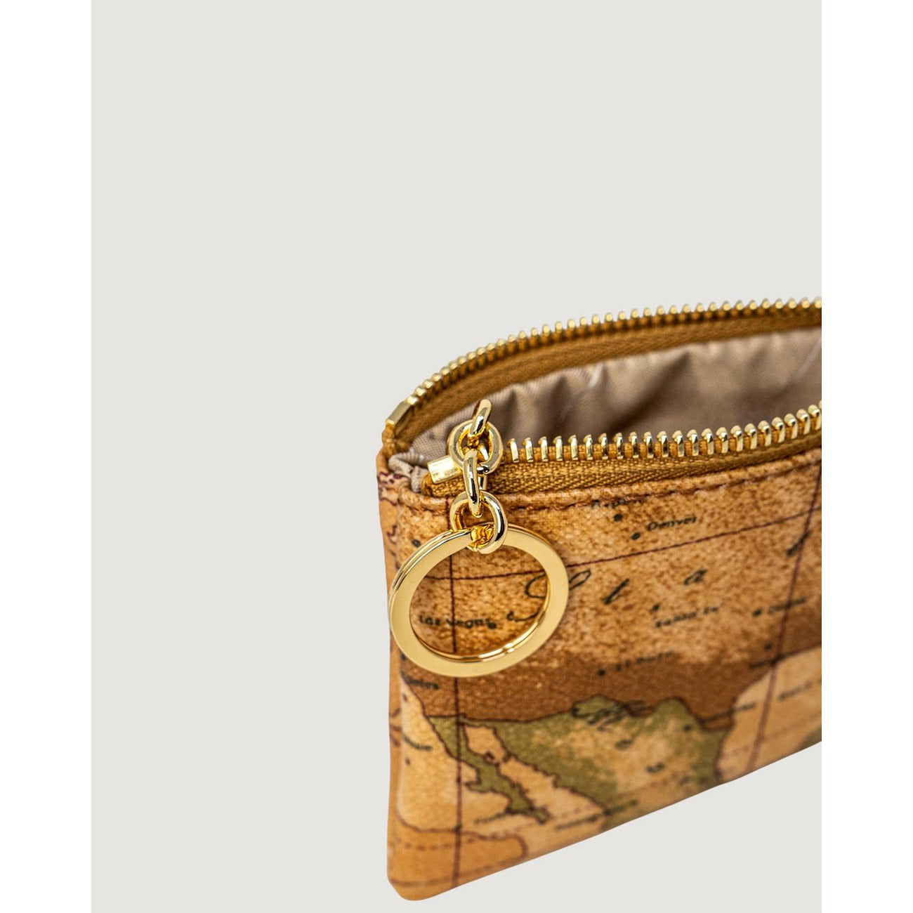 Pochette Alviero Martini Prima Classe donna Geo Classic C M001 6000. Bustina portatutto e mini beauty case da borsa in pelle beige con stampa geografica e cerniera con zip, accessorio travel elegante e compatto 4 stagioni.