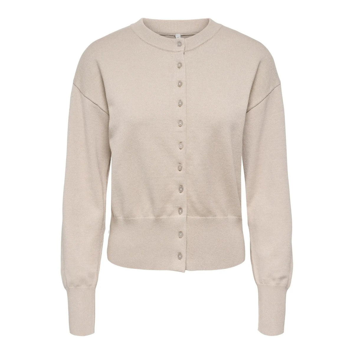 Cardigan in maglia piatta da donna Only codice 15377295 con bottoni frontali, spalle cadenti e scollo paricollo nei colori beige e marrone.