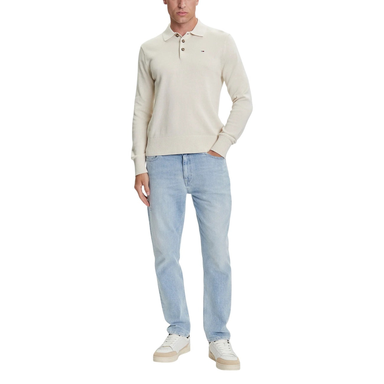 Tommy Hilfiger Jeans Polo Uomo Beige con Bottoni Maniche Lunghe Colletto Polo - Polo Cotone Organico Scollo Tondo